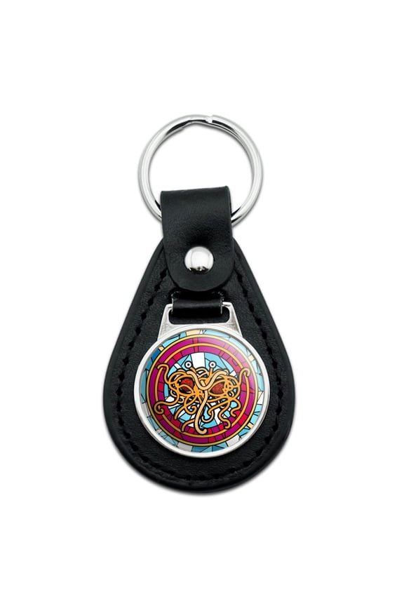 Flying Spaghetti Monster Stained Glass Black Leather Keychain
