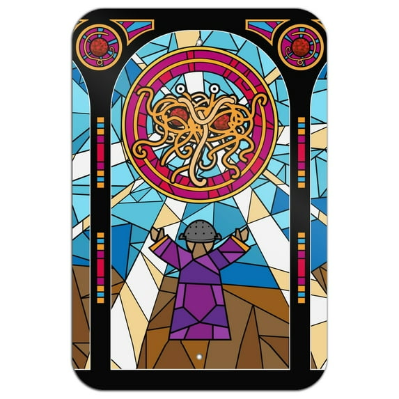 Flying Spaghetti Monster Stained Glass Home Business Office Sign - Metal - 6" x 9" (15.3cm x 22.9cm)