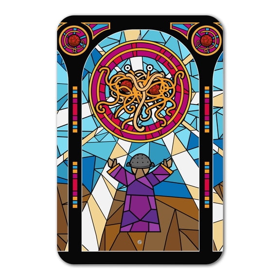 Flying Spaghetti Monster Stained Glass Home Business Office Sign - Plastic - 12" x 8" (30.5 cm x 20.3cm)