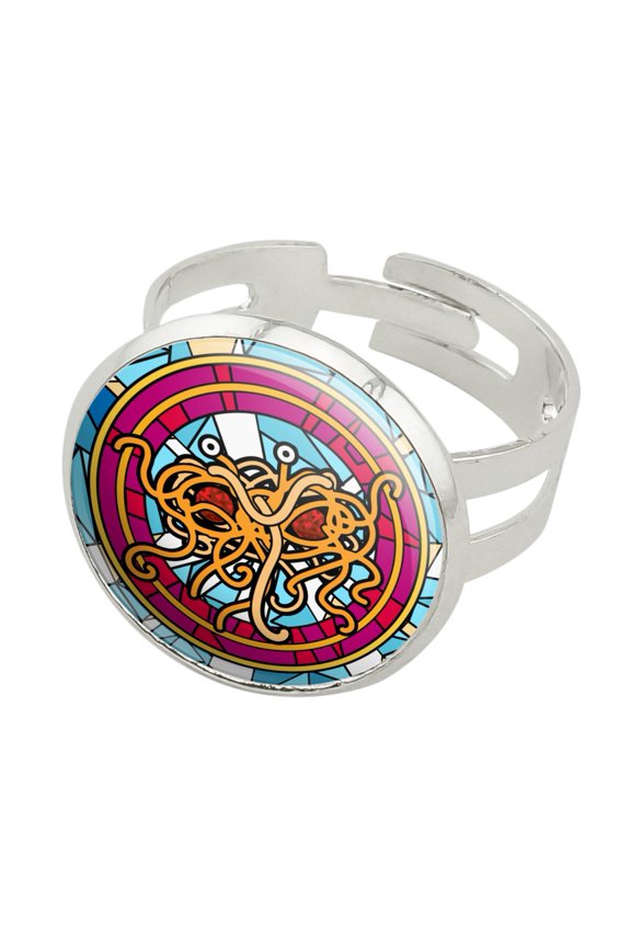 Flying Spaghetti Monster Stained Glass Silver Plated Adjustable Novelty Ring