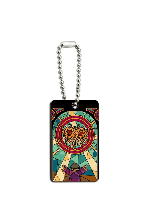 Flying Spaghetti Monster Stained Glass Wood Wooden Rectangle Keychain Key Ring