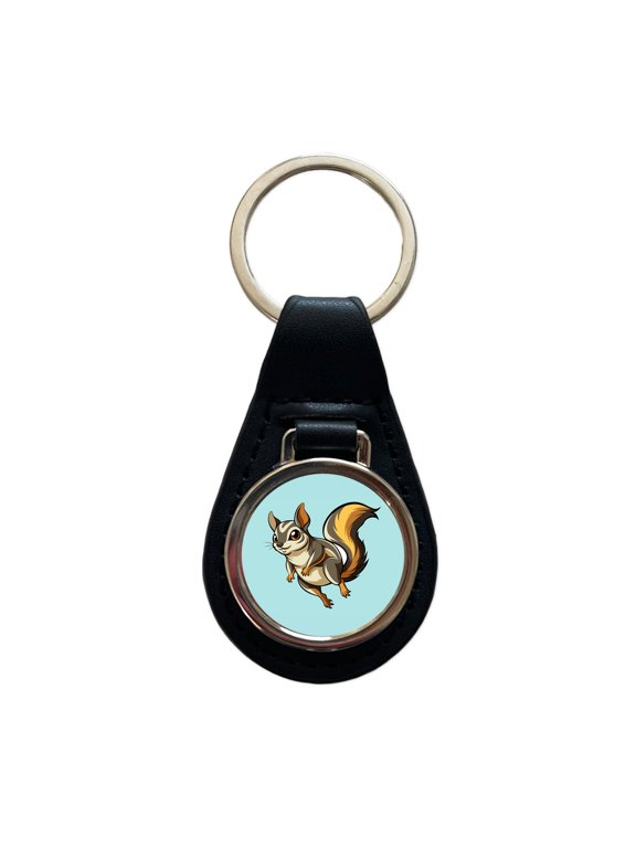 Flying Squirrel Metal Black Leather Keychain