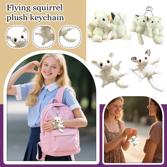 Flying Squirrel Plush Pendant Soft Stuffed Animal Keychain Charm for Backpack Cute Animal Toy for Adults Gift Small Plushie Decor, A