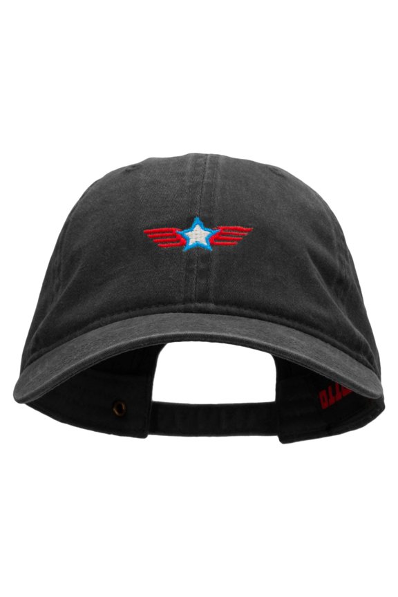 Flying Star Embroidered Washed Cotton Brass Buckle Cap - Black OSFM