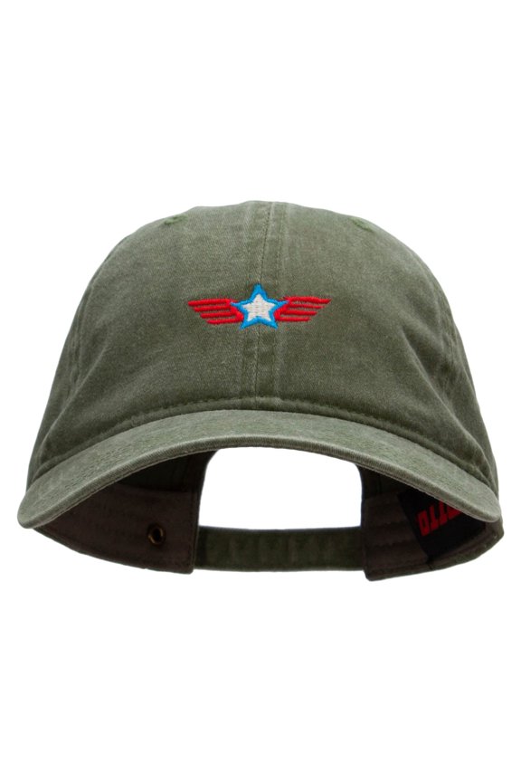 Flying Star Embroidered Washed Cotton Brass Buckle Cap - Olive OSFM