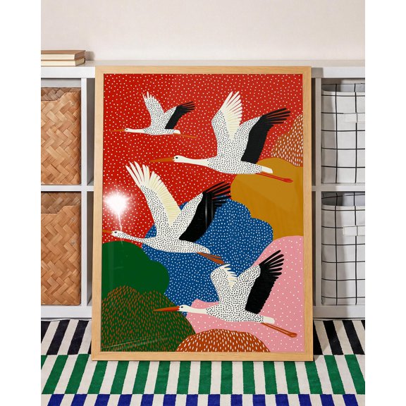 Flying Stork Print, Nordic Color Story Wall Art, Bold Folk Poster For Artistic Living Spaces, Poster Only