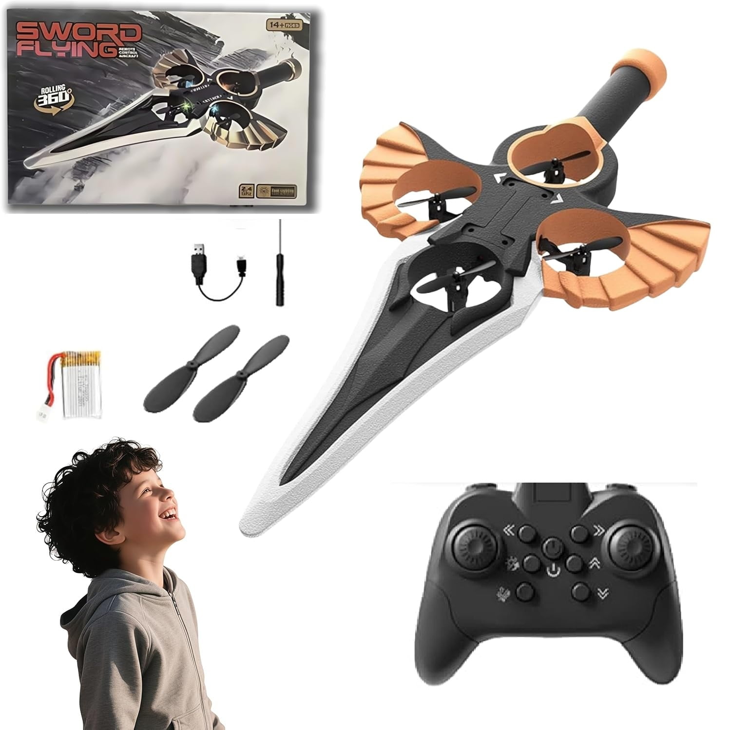 Flying Sword RC Glider with Autopilot - Remote Flying Sword& 3-Speed Stunt Control (Hand Wave/Controller Mode) Lightweight RC Airplane Gift for Teens and Adults - Bronze (Handle Remote Control)
