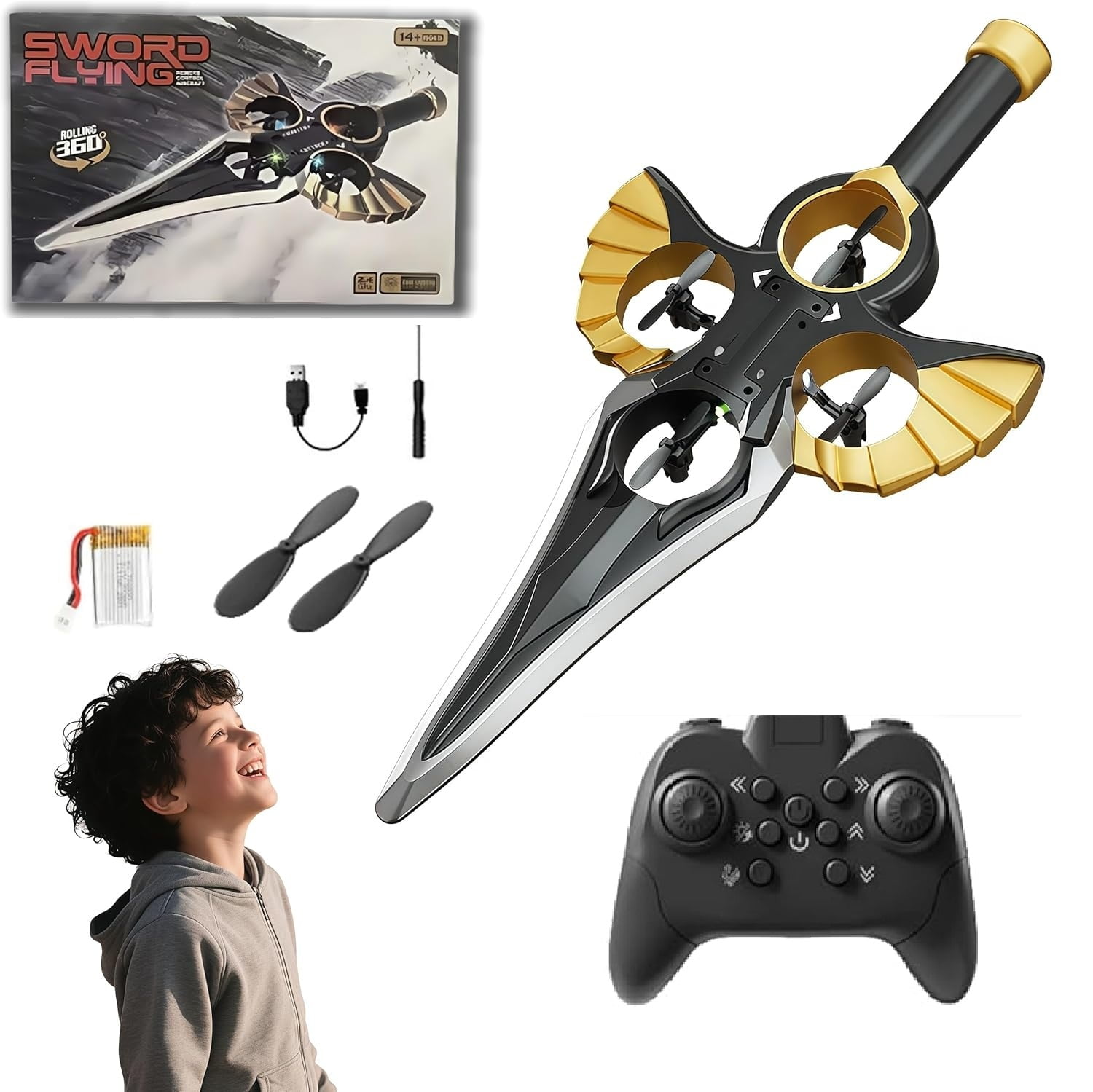 Flying Sword RC Glider with Autopilot - Remote Flying Sword& 3-Speed Stunt Control (Hand Wave/Controller Mode) Lightweight RC Airplane Gift for Teens and Adults - Gold (Handle Remote Control)