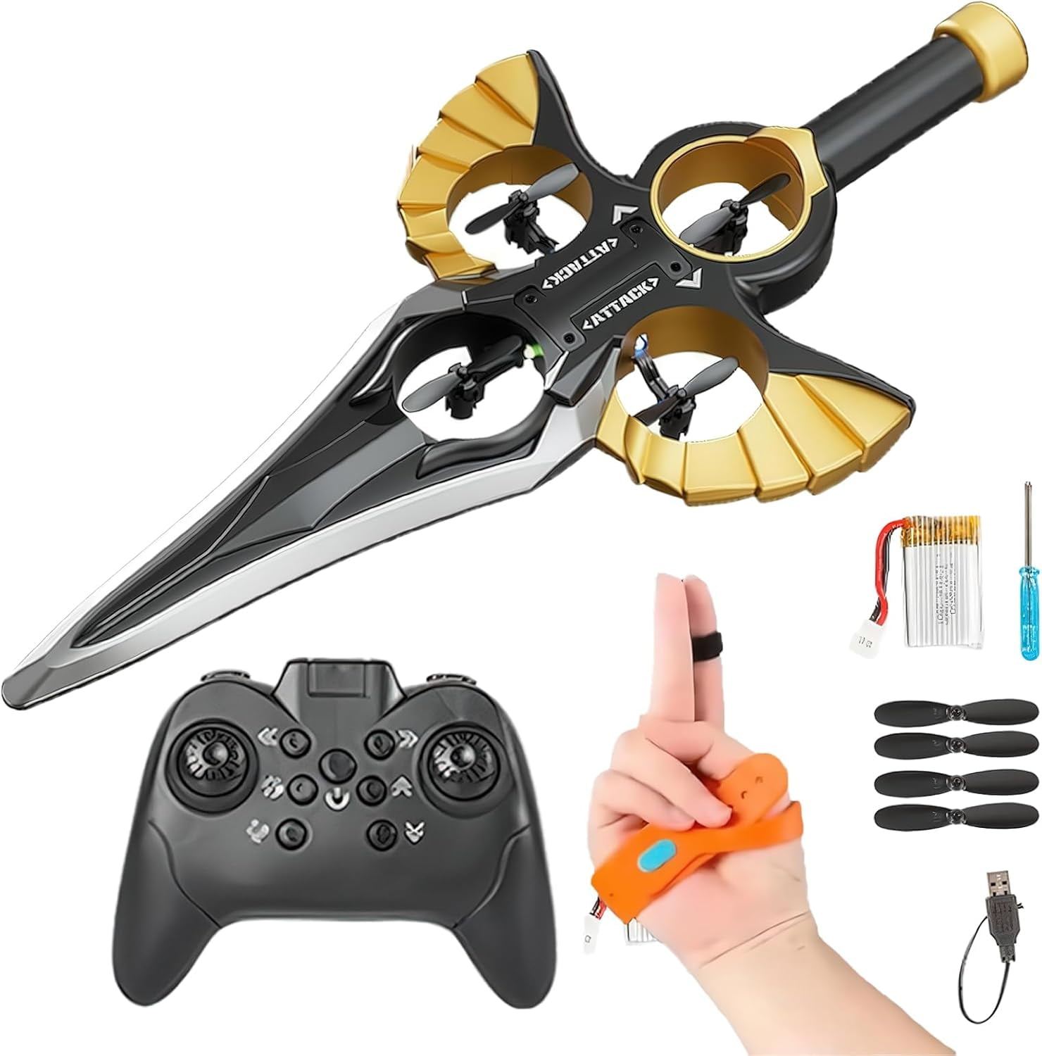 Flying Sword RC Glider with Gesture & Remote Control, 3-Speed Stunt Plane, Lightweight Easy to Fly RC Glider, Dual Control (Black‑Gold with Dual-Control)