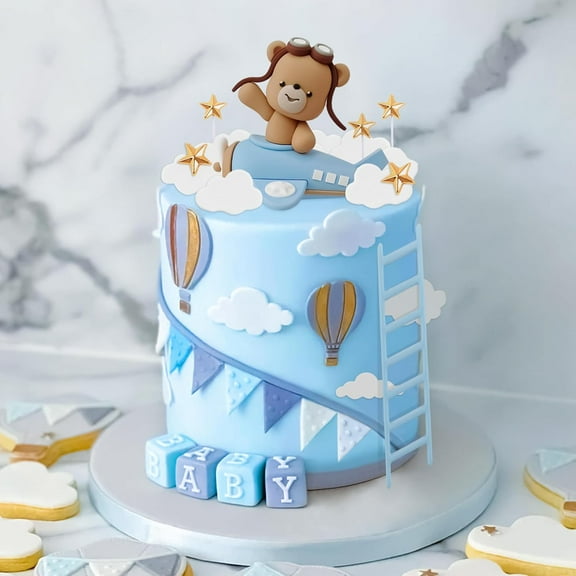 Flying Theme 3D Cake Decoration Set with Bear, Airplane, Cloud and Star for Celebration Decorations