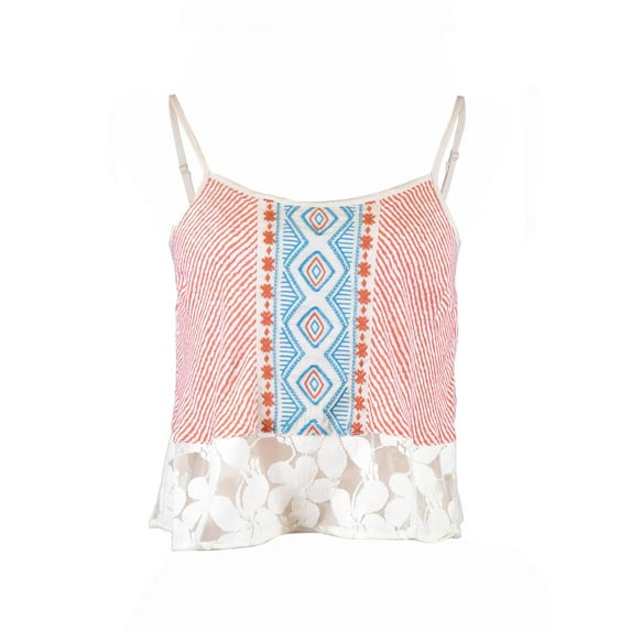 Flying Tomato Cute Stripped Embroidered Floral Mesh Lace Detail Woven Blouse Top