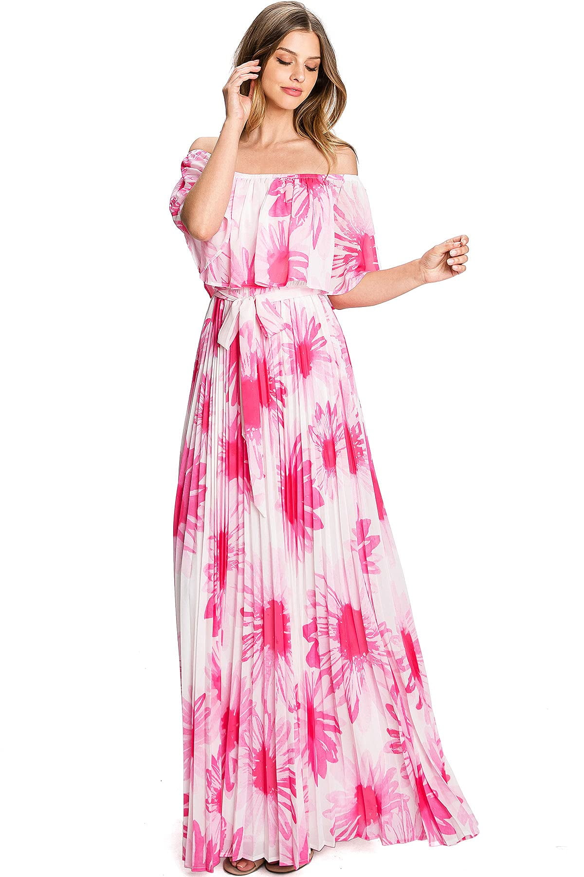 flying tomato off shoulder dress Flying Tomato Off Shoulder Neon Floral Pleated Maxi Dress (Small, Pink)