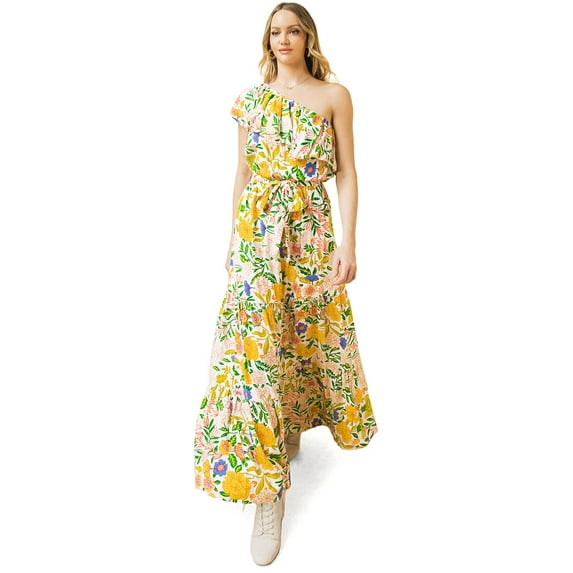 Flying Tomato Women's Bold Print One Shoulder Maxi Dress (Ivory, Small)