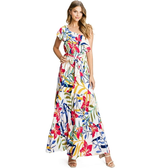 Flying Tomato Women's Bold Print One Shoulder Maxi Dress (S, Ivory)