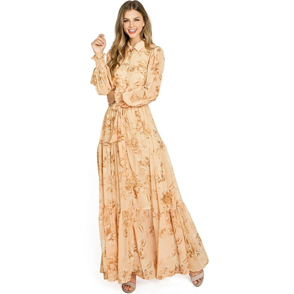Flying Tomato Women's Collar Neckline, Long Sleeve Floral Maxi Dress (Small, Peach)