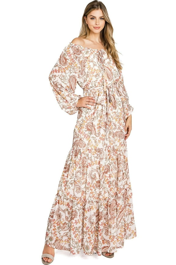 Women's Floral Off Shoulder Maxi Dress (S, Ivory)