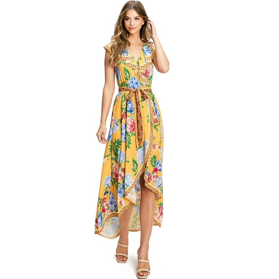 Flying Tomato Women's Floral Print Wrap Day Dress (S, Yellow)