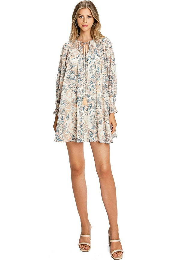 Women's Juniors Babydoll Bohemian Prints Puff Dress (L, Ivory)