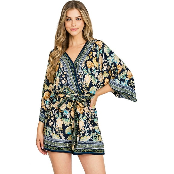 Flying Tomato Women's Juniors Boho Playsuit Printed Summer Romper  (S, Navy)