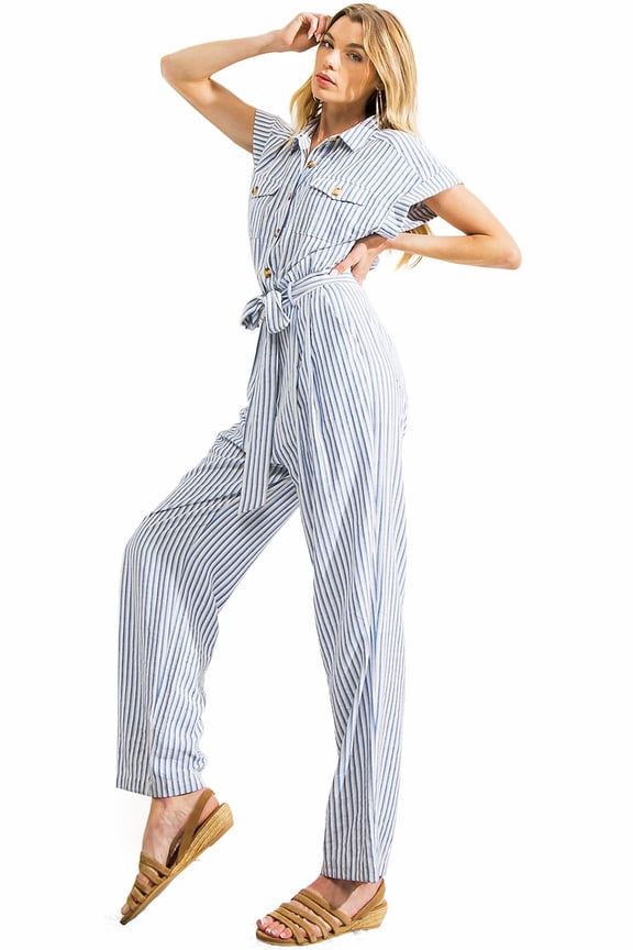 Women's Juniors Collar Button Nautical Stripe Jumpsuit (Blue, Large)
