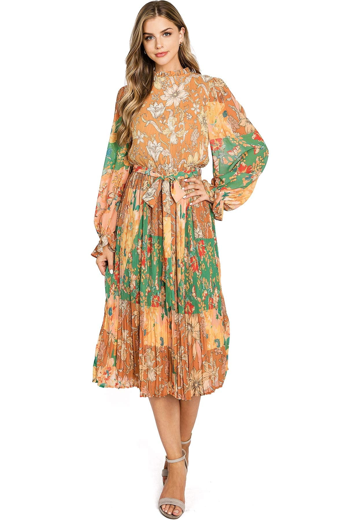 Flying Tomato Women's Modest Chiffon Pleated Boho Long Sleeve Midi Dress  (Camel, Small) - Walmart.com
