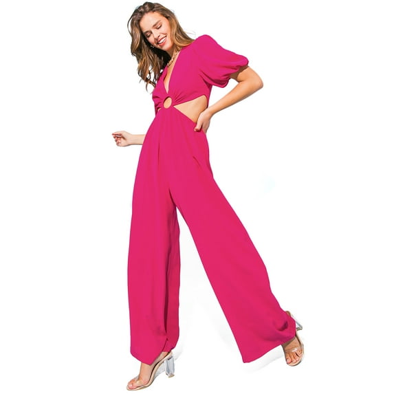 Flying Tomato Women's Statement Cocktail Cut Out Jumpsuit (S, Fuchsia))