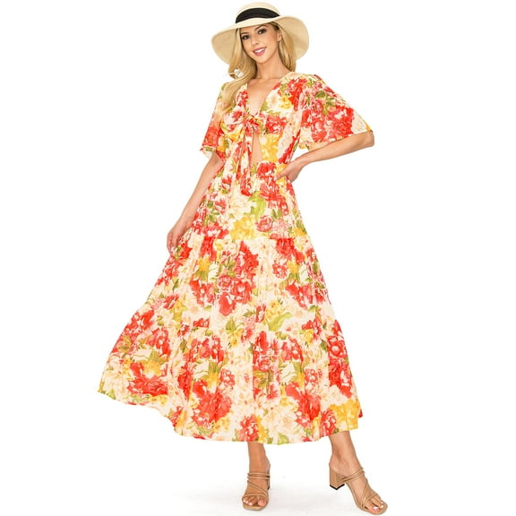 Flying Tomato Women's Summer Floral Cut Out Midi Dress (Red, Small)