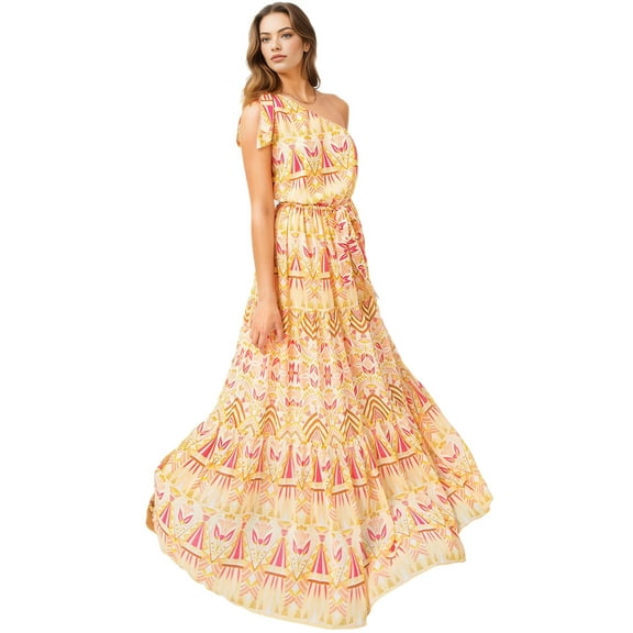 Flying Tomato Women's Summer Formal One Shoulder Maxi Dress (M, Yellow)