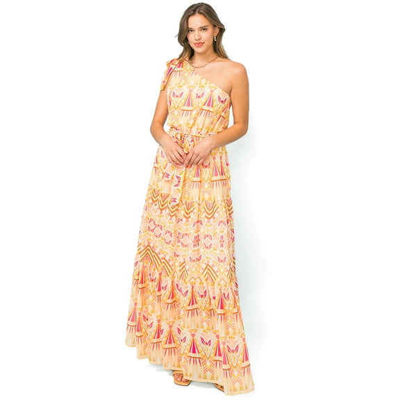 Flying Tomato Women's Summer Formal One Shoulder Maxi Dress (Yellow, Small)