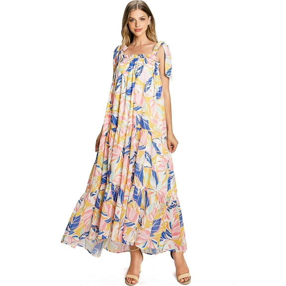 Flying Tomato Women's Tie Straps A-Line Billowy Summer Dress (S, Yellow)