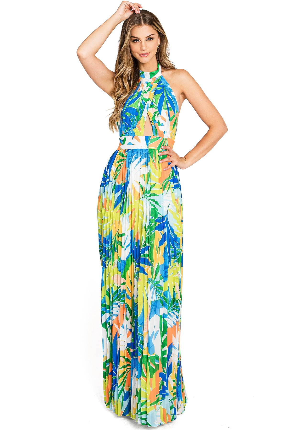 open lace back dress Black Tropical Floral Satin Pleated Maxi Dress