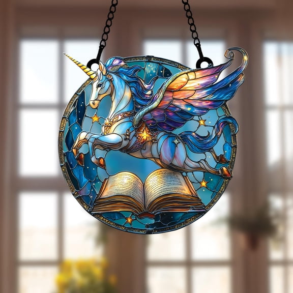 Flying Unicorn Book Acrylic Suncatcher, Fantasy Pegasus Window Hanging for Readers