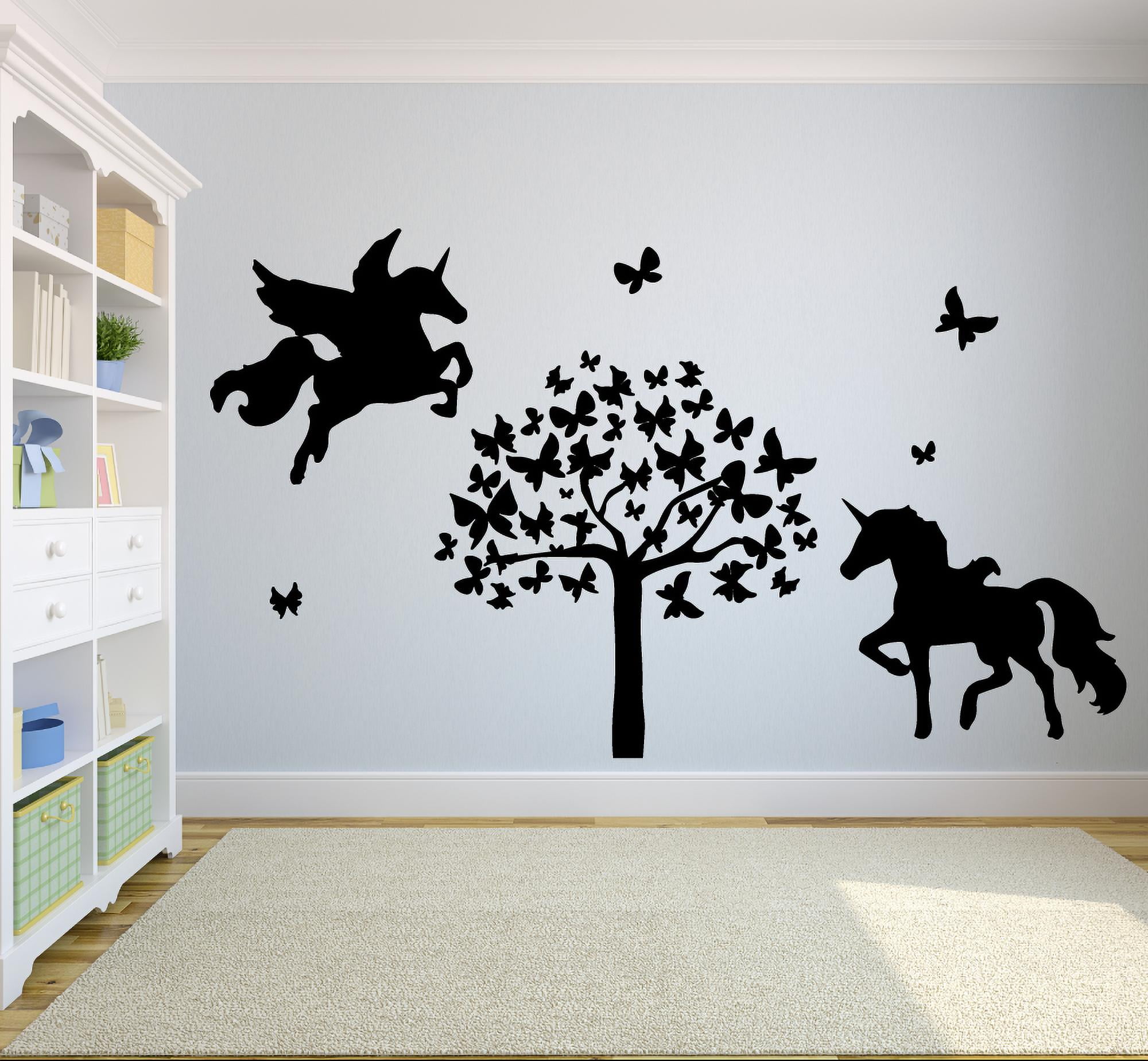 Flying Unicorn Butterfly Tree Unicorns Wings Wall Sticker Art Decal for Girls Boys Kids Room Bedroom Nursery Kindergarten House Fun Home Decor Stickers Wall Art Vinyl Decoration Size (18x20 inch)