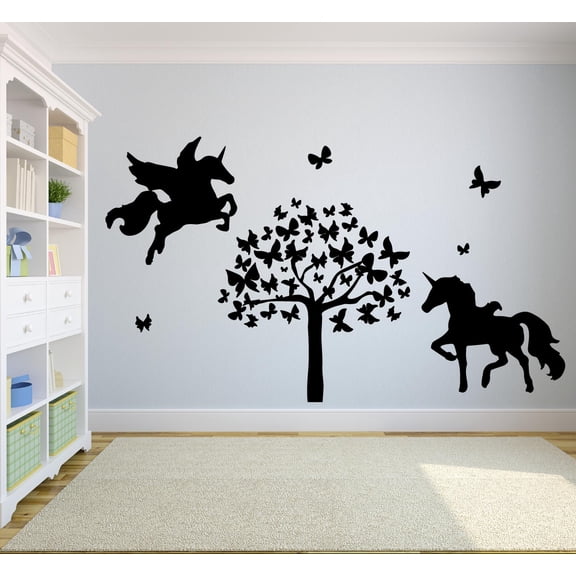 Flying Unicorn Butterfly Tree Unicorns Wings Wall Sticker Art Decal for Girls Boys Kids Room Bedroom Nursery Kindergarten House Fun Home Decor Stickers Wall Art Vinyl Decoration Size (18x20 inch)