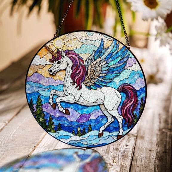 Flying Unicorn with Rainbow Wings Glass Suncatcher, Fantasy Decor, 7.9 in