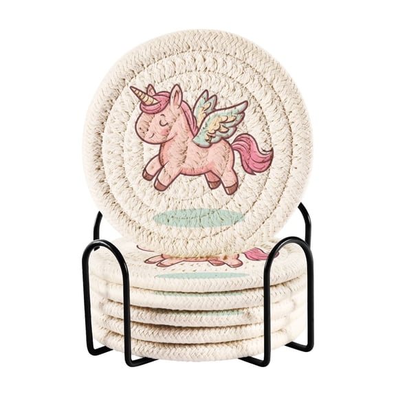 Flying Unicorns Drinking Coasters Cup Mat with Holder for Kitchen Cafe Bar 6 Packs