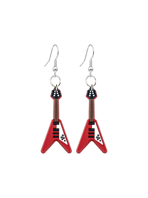 Flying V Guitar Dangle Earrings, Red Electric Guitar Charm Earrings, Music Lover Jewelry