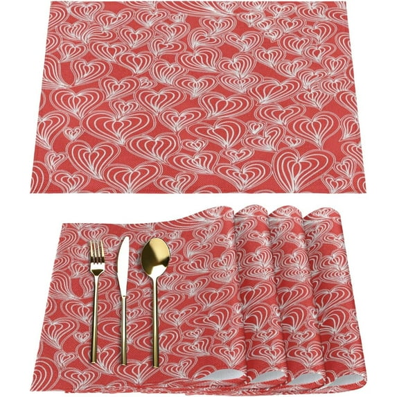 Flying Valentine''s Day Hearts Placemats Set of 6 Fabric Placemats Square Placemat for Kitchen Table Heat Resistant, Easy to Clean Table Placemats 12x18 Inch