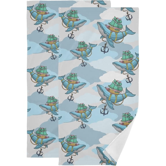 Flying Whale Hand Towels 2 PCS, Sail Boat Kitchen Towel Ultra Soft and Highly Absorbent,Decorative Fingertip Face Towel for Bathroom Hotel, 28.3"x14.4"
