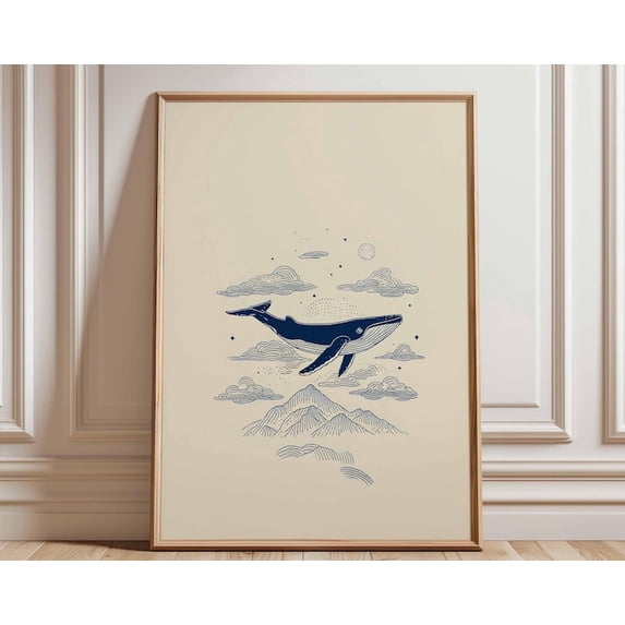 Flying Whale Surreal Ocean Minimalist Whale Dreamy Cloud Navy Blue Line Art Wall Art Print, Unframed Paper Poster 16x20in