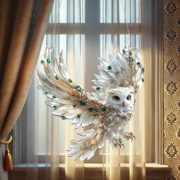 Flying White Owl Acrylic Suncatcher Window Hanging Ornament