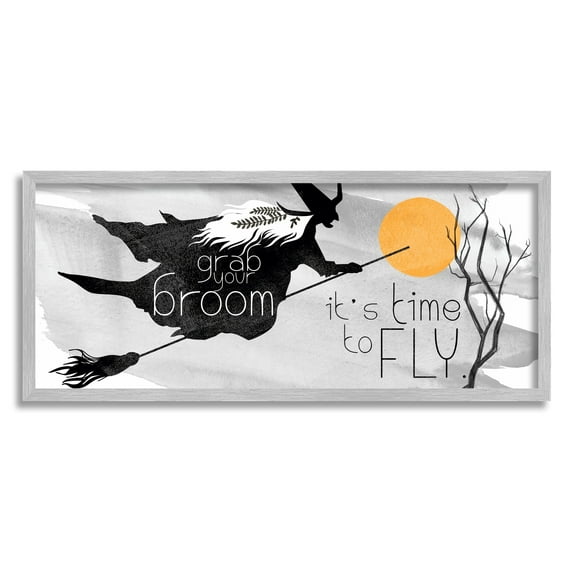 Flying Witch Broom Typography Nighttime Halloween Sky Fairy Tales & Fantasy Graphic Art Framed Art Print Wall Art