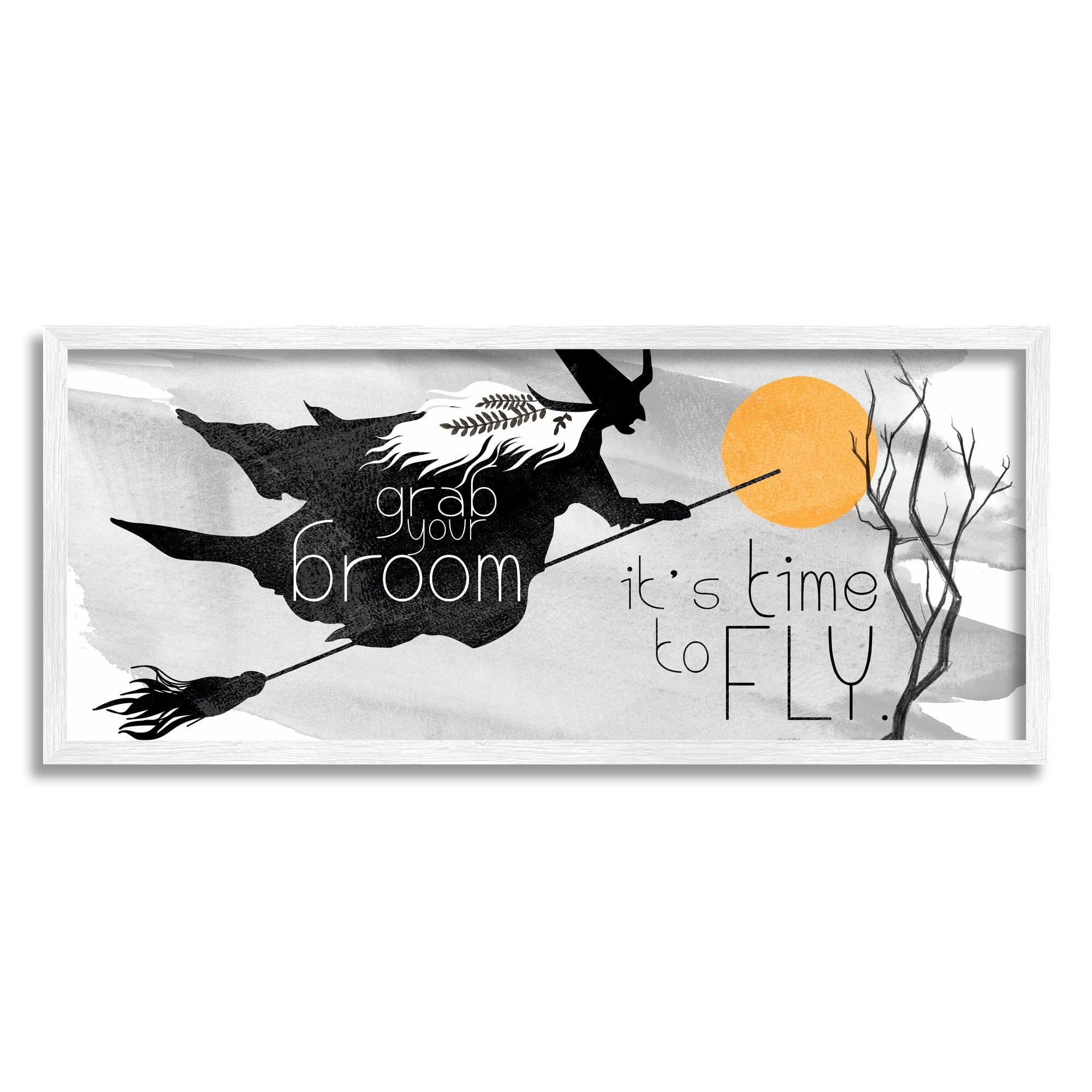 Flying Witch Broom Typography Nighttime Halloween Sky Fairy Tales & Fantasy Graphic Art Framed Art Print Wall Art