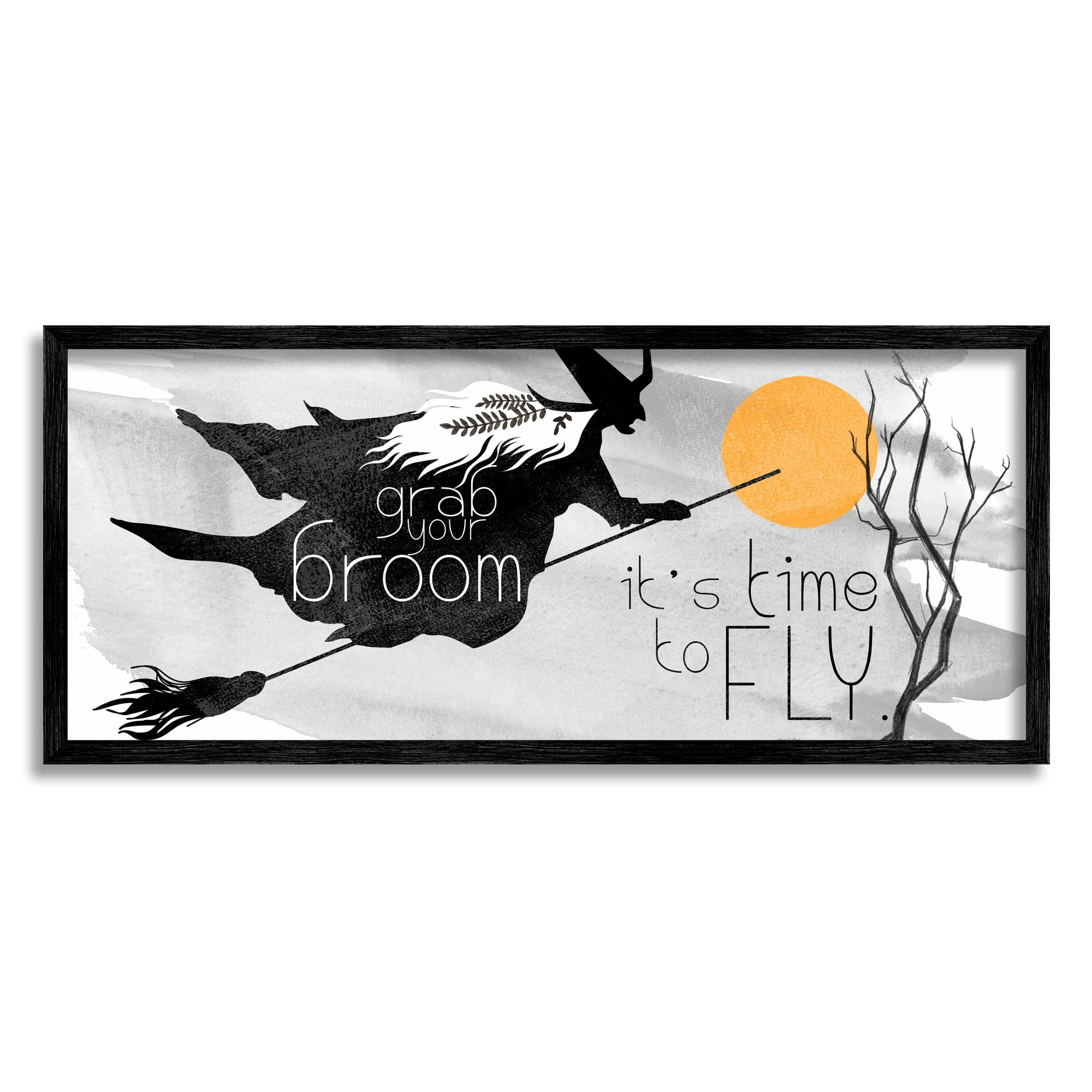 Flying Witch Broom Typography Nighttime Halloween Sky Fairy Tales & Fantasy Graphic Art Framed Art Print Wall Art