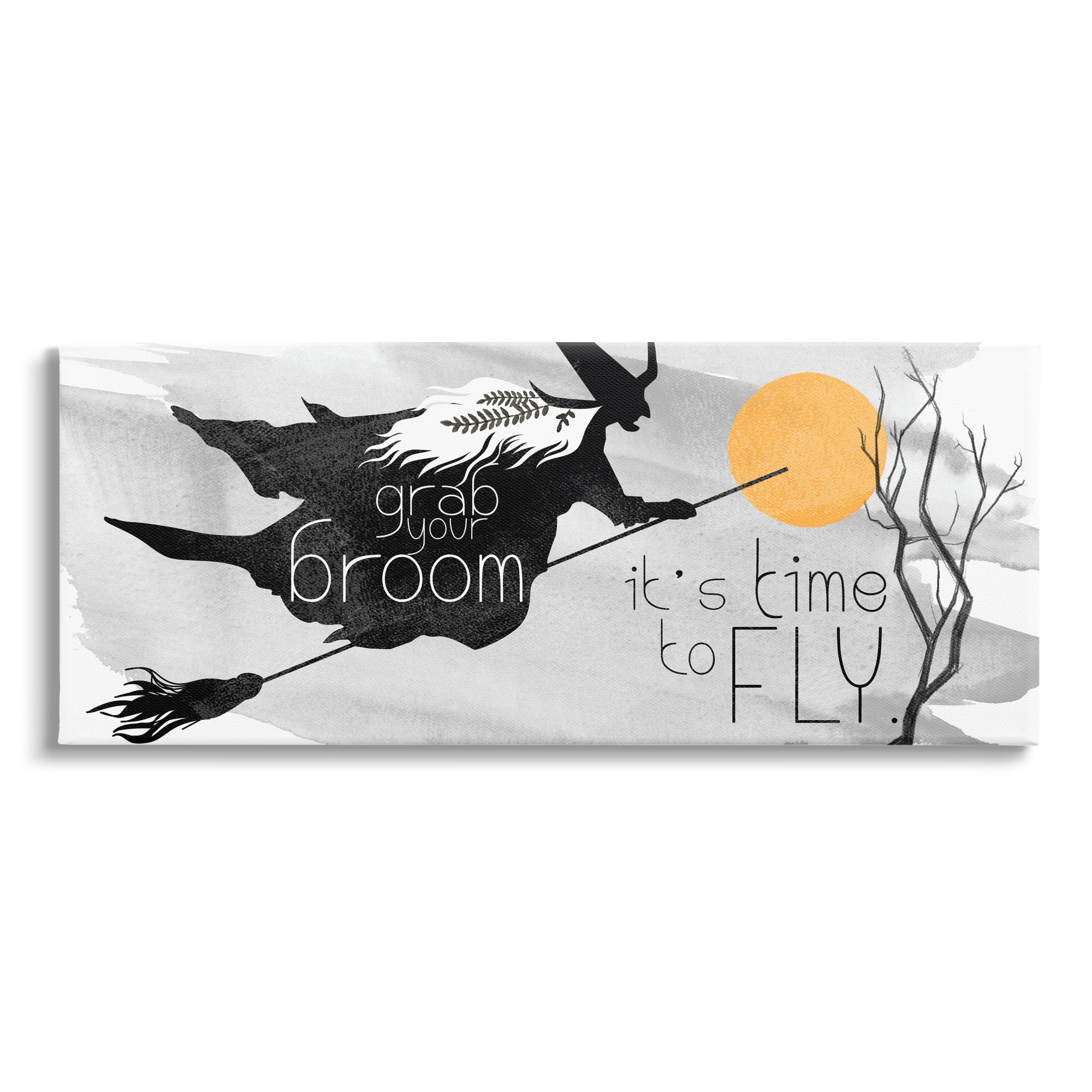 Flying Witch Broom Typography Nighttime Halloween Sky Fairy Tales & Fantasy Graphic Art Gallery-Wrapped Canvas Print Wall Art