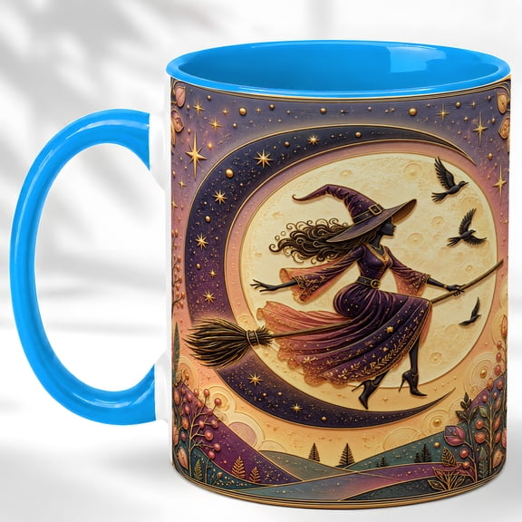 Flying Witch Coffee Mug, Celestial Moon Mug, Ceramic 11 oz