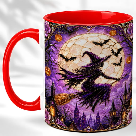 Flying Witch Coffee Mug, Spooky Halloween Mug, Ceramic 11 oz