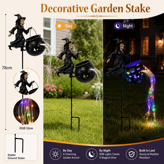 Flying Witch Halloween Decor 31 Inch Witch Cauldron Garden Light, Scary Halloween Decorations Outdoor for Front Yard with Bat Decorations and Star Decorations, Halloween Lawn