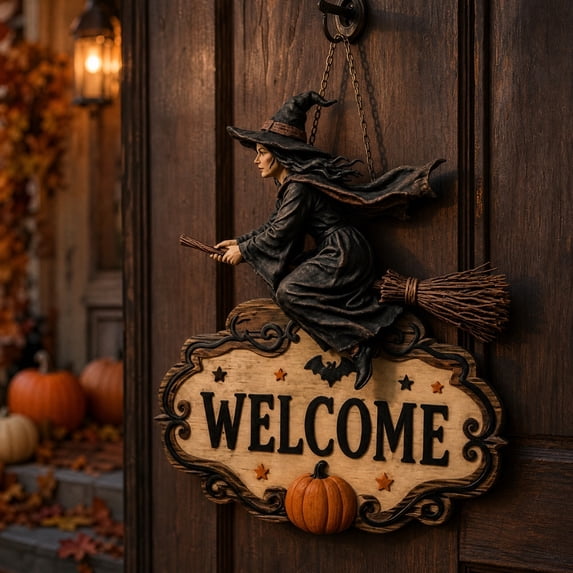 Flying Witch Welcome Sign, Halloween Decorations Outdoor/Indoor 11.8", Vintage Wooden Door Hanging Decor for Farmhouse Porch Wall, 1 Pack