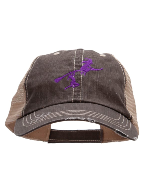 Flying Witch and Girl Embroidered Low Profile Special Cotton Mesh Cap - Brown Khaki OSFM